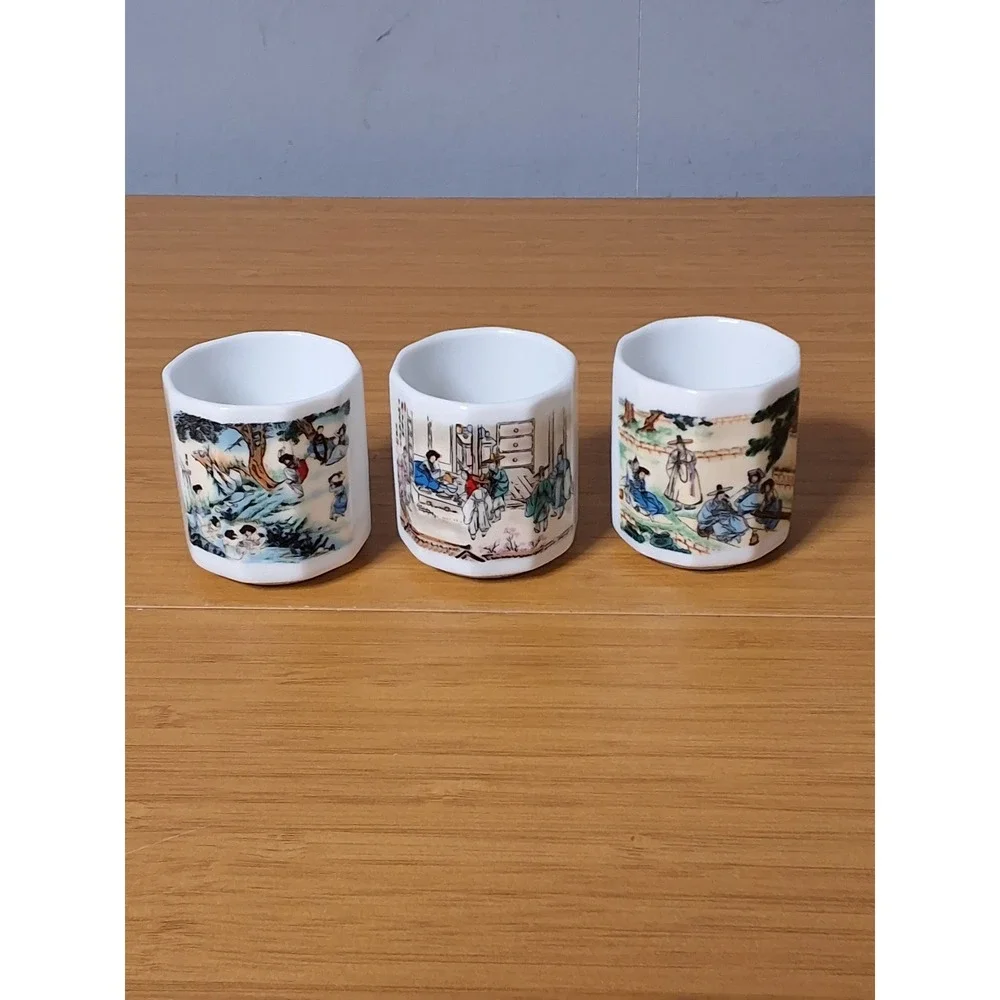 Vintage Korean Ceramic Sake Cups Set of 5 Faceted Porcelain Traditional Scenes
